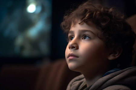 Portrait of a little boy in a dark room looking at the cameraの素材
