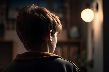 Back view of a teenage boy standing in front of a window at nightの素材