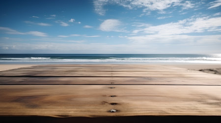 Wooden table top on sandy beach with sea and blue sky backgroundの素材