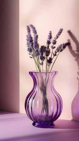 Lavender flowers in a vase on a pink background.の素材