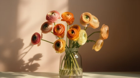 Ranunculus flowers in a vase on a brown backgroundの素材