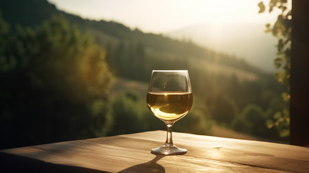 Glass of white wine on wooden table in vineyard at sunset.の素材