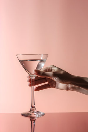 Female hand with a glass of martini on a pink background.の素材
