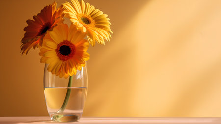 Gerbera flowers in a glass vase on a yellow backgroundの素材