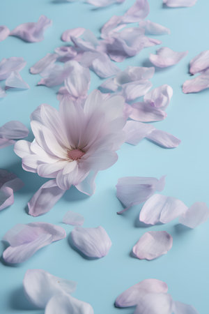 Magnolia flower petals on pastel blue background. Minimal floral concept.の素材