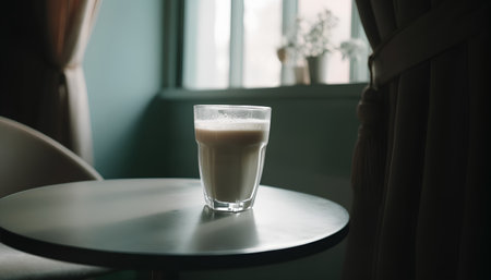 milk in a glass on the table in the interior of the roomの素材