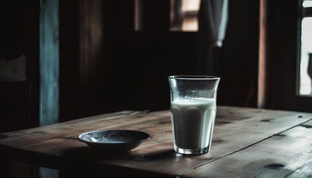 A glass of milk on a wooden table. Selective focus.の素材