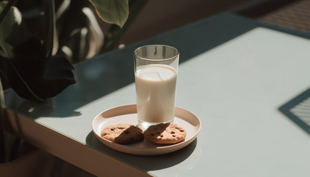 Glass of milk and cookies on a table in a cafe. Toned.の素材