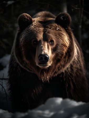 Portrait of a big brown bear in winter forest. Toned.の素材