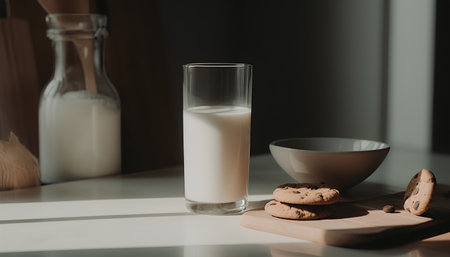 Glass of milk and cookies on the kitchen table. Selective focus.の素材