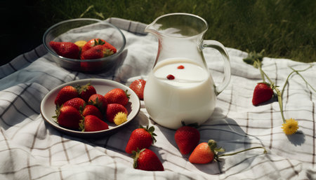 A jug of milk and strawberries on a table in the garden.の素材
