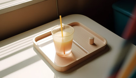 Orange juice in a glass with a straw on a wooden tray.の素材