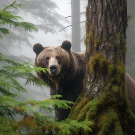 Brown bear in the forest at foggy day. Natural scene.の素材