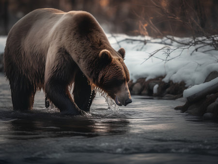 Grizzly bear in the river. Wildlife scene in winterの素材