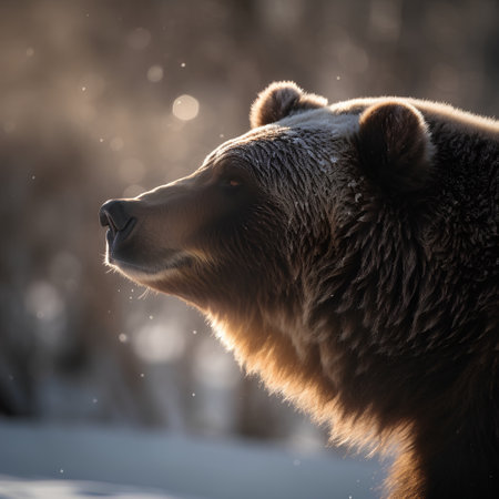 Close-up portrait of a brown bear in the winter forest.の素材