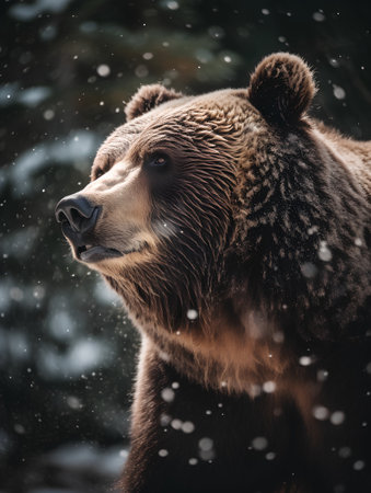 Close-up portrait of a brown bear in the winter forest.の素材