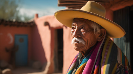 Old man in a straw hat and a colorful scarf in the old city of Chefchaouen, Moroccoの素材