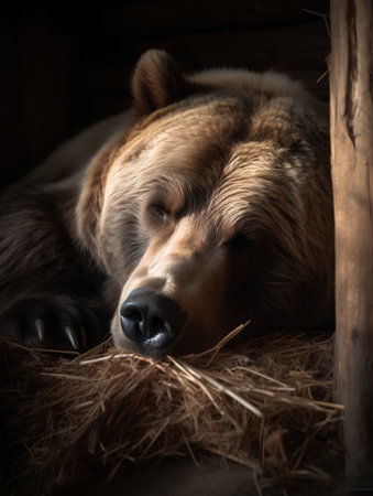 Brown bear sleeping in a barn, close-up, selective focusの素材