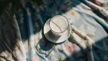 A glass of milk on the bed with a pattern of flowers.の素材
