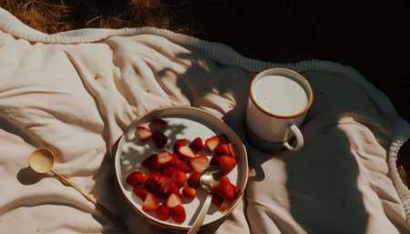 Fresh strawberries and a cup of milk on a white plaid in the sunlight.の素材