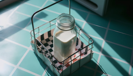 A bottle of milk in a metal basket on a green tile backgroundの素材