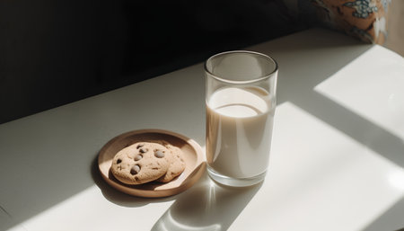 Glass of milk and chocolate chip cookies on white table with sun lightの素材