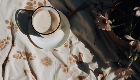 Cup of coffee on the table with flowers in the morning lightの素材