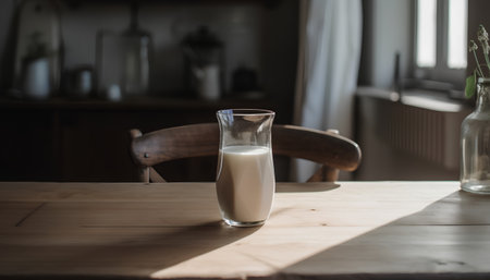 A glass of fresh milk on a wooden table in the morning lightの素材
