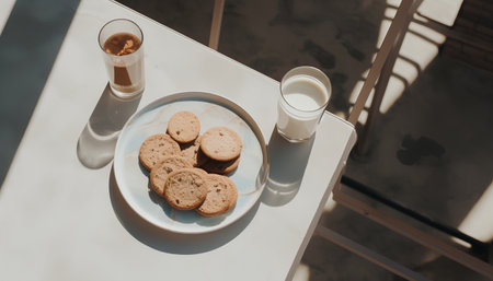 A glass of milk and a plate with cookies on a table in a cafeの素材