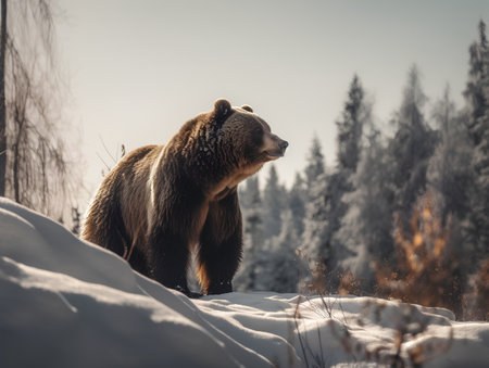 Brown bear on the snow in winter forest. Sunset. Toned.の素材