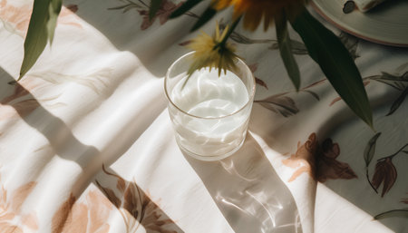 Glass of fresh milk on table with sunflowers, top viewの素材