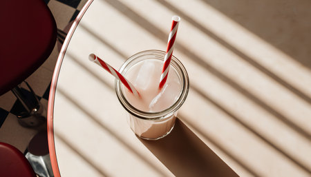 Milkshake in a glass with a straw on the table.の素材