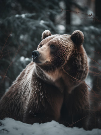 Brown bear in winter forest. Wildlife scene. Close up portrait of wild animal.の素材