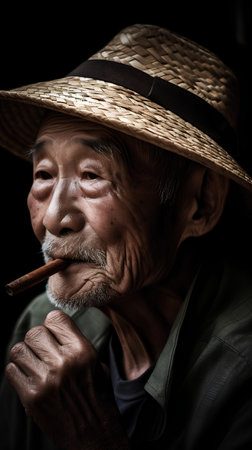 Portrait of old man smoking cigar on black background, Thailand.の素材