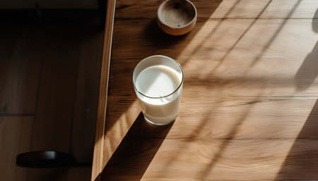 Glass of milk on the wooden table in the morning light, top viewの素材