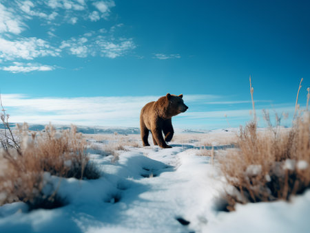 Brown bear walking on the snow in the mountains. Winter landscape.の素材