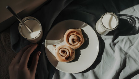 Woman's hand holding a plate with cinnamon rolls and a glass of milkの素材