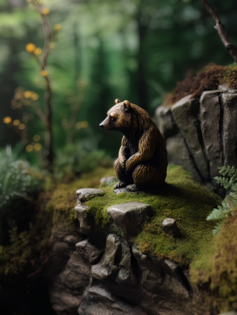 Grizzly bear sitting on a rock in the forest. Selective focus.の素材