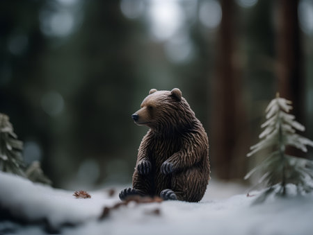 Brown bear stands on its hind legs in the forest in winter.の素材