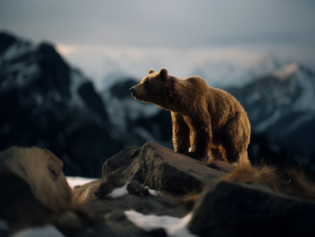 Brown bear on top of a rock in the mountains at sunset.の素材