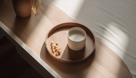 A glass of milk on a wooden tray in the interior of a modern bedroomの素材