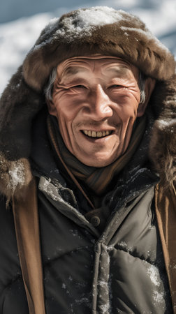 Portrait of an elderly man in winter clothes in the snow.の素材