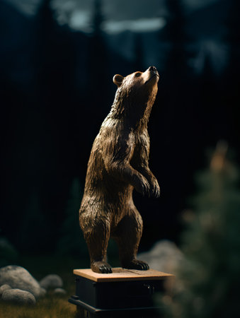 Grizzly bear stands on the pedestal in the forestの素材