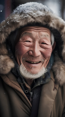 Portrait of an old man with a white beard in the winterの素材