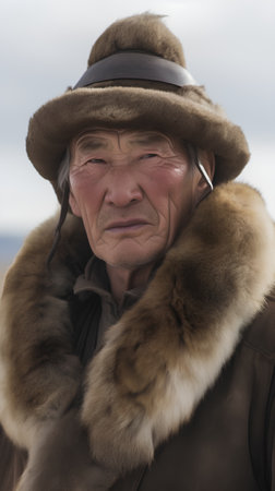 Portrait of an old man in a fur coat and hat.の素材