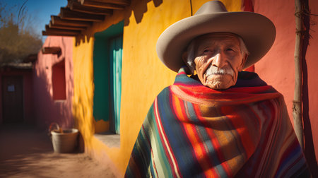 Old woman in a straw hat and a colorful poncho on the background of a colorful wallの素材