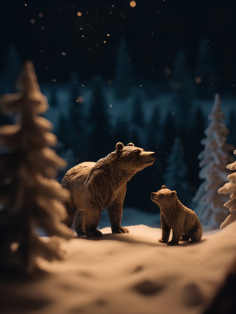 3D rendering of a pair of brown bear on snow in winter forestの素材