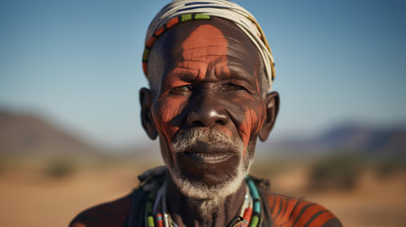 Portrait of an old African man with a painted face in the desertの素材