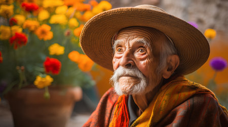 Portrait of an old man in a straw hat on the background of flowersの素材