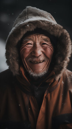 Portrait of a smiling senior man in winter coat with fur hood.の素材